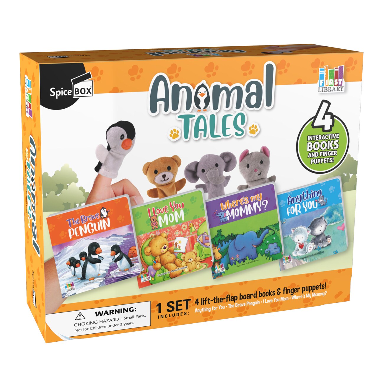 SpiceBox First Library Animal Tales: Spark Your Child's Imagination with Interactive Board Books and Adorable Finger Puppets